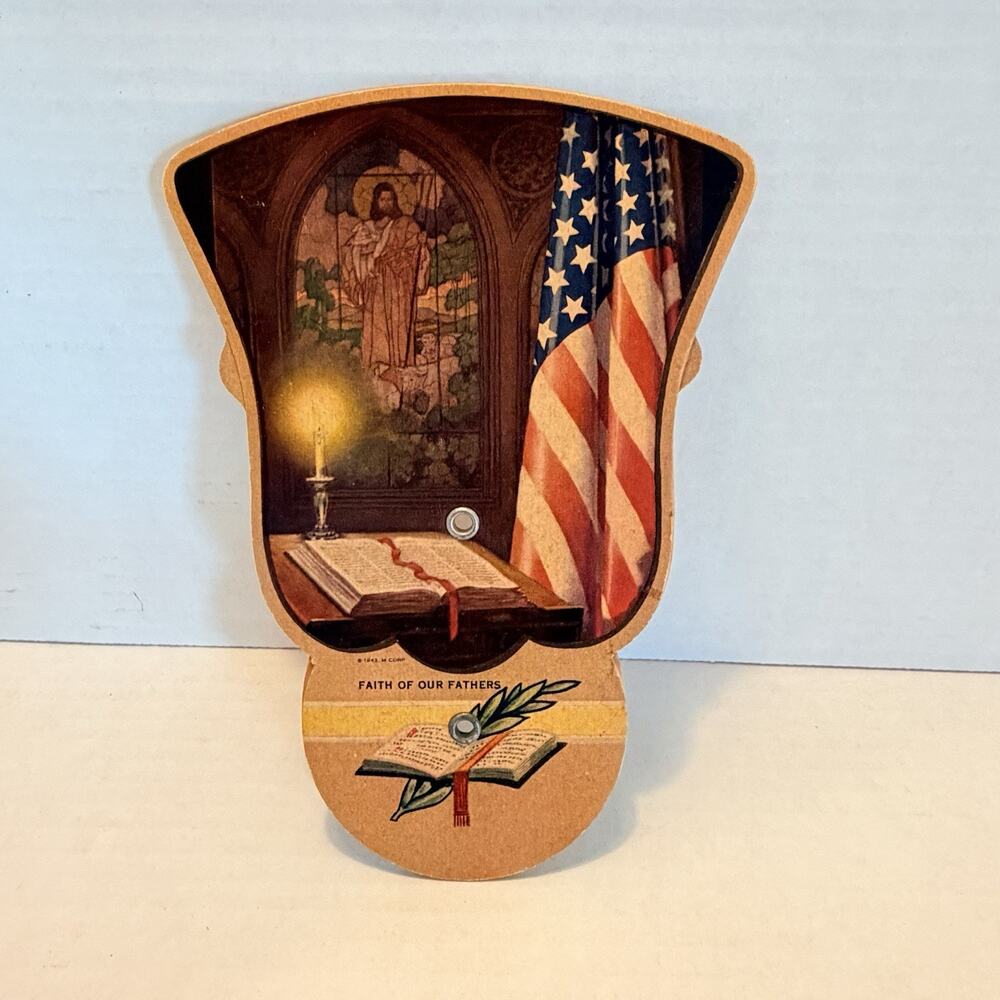 Vintage Frick Funeral Home Hand Fan w Patriotic/Jesus Theme Marion IL
